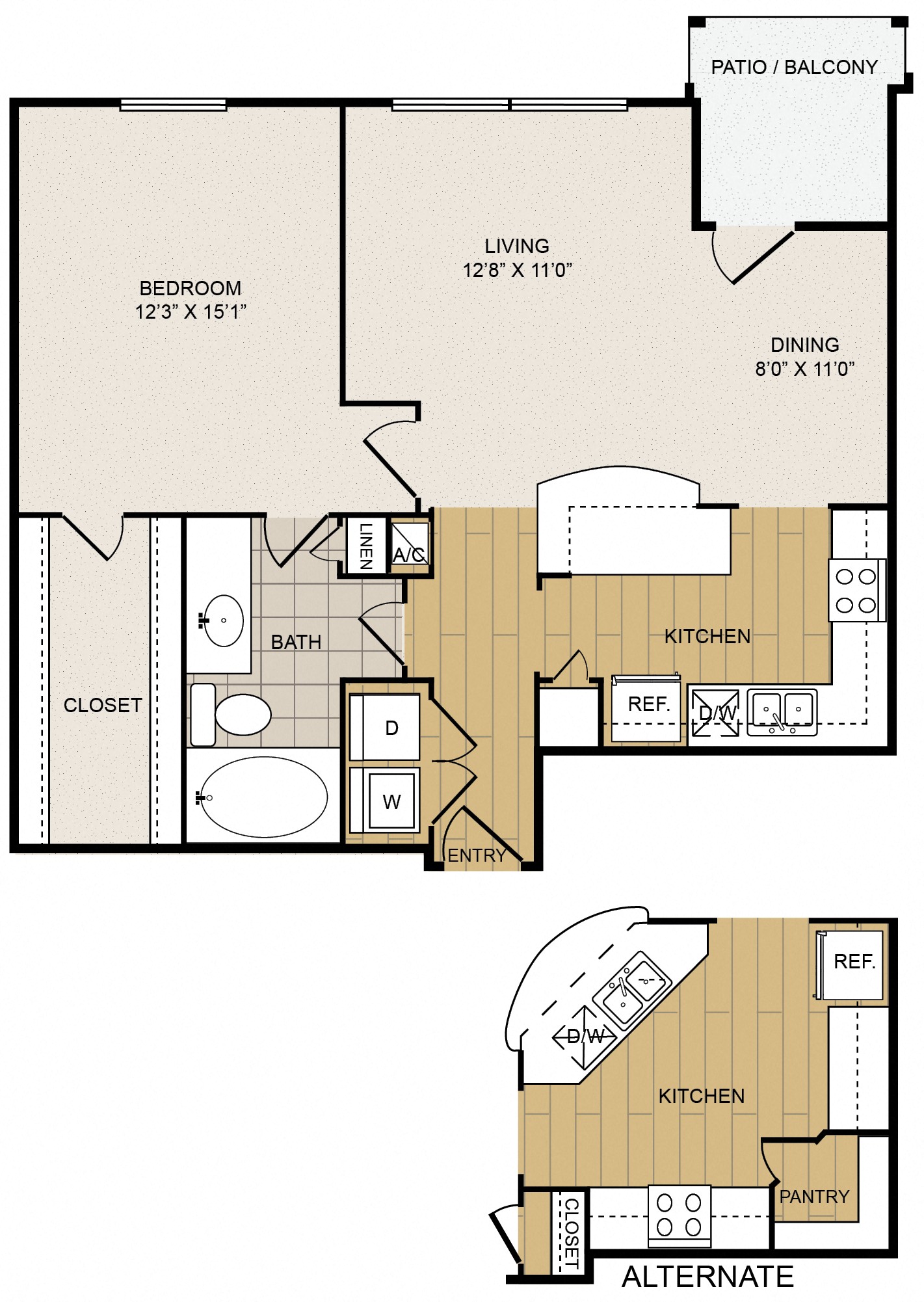 Floor plan for 1 bed, 1 bath, 900 sqft